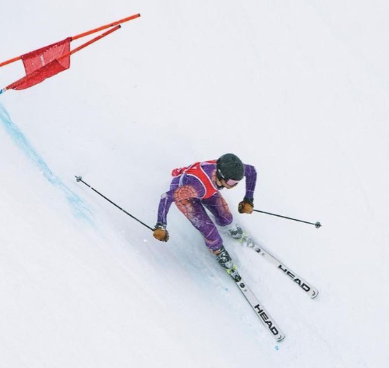 A skier carves down Blackcomb Mountain during the 2023 Saudan Couloir Extreme. 