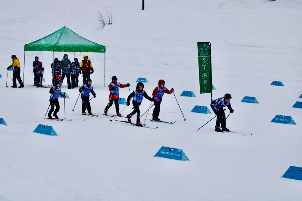 Young athletes compete in the Teck Coast Cup team sprint at Whistler Olympic Park on March 9, 2025.