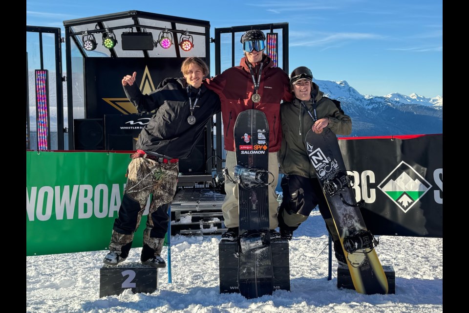 BC Provincial slopestyle medallists from Whistler on Jan. 11, 2025, left to right: Lane Weaver, Keenan Demchuk and Tosh Krauskopf. 