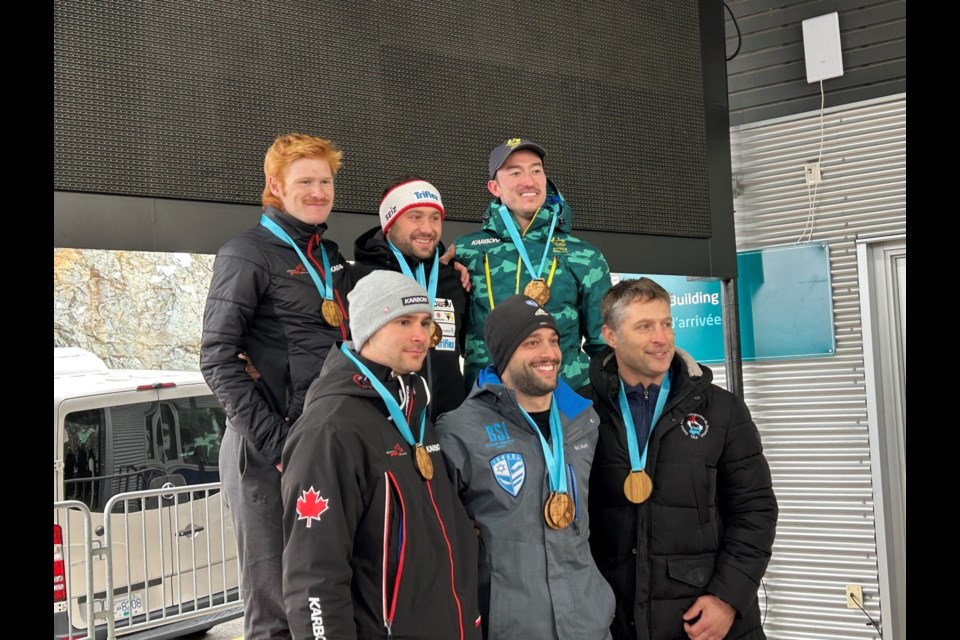 The North American Cup men's skeleton top six in Whistler on Nov. 29, 2024, including silver medallist Ryan Kuehn (back left).