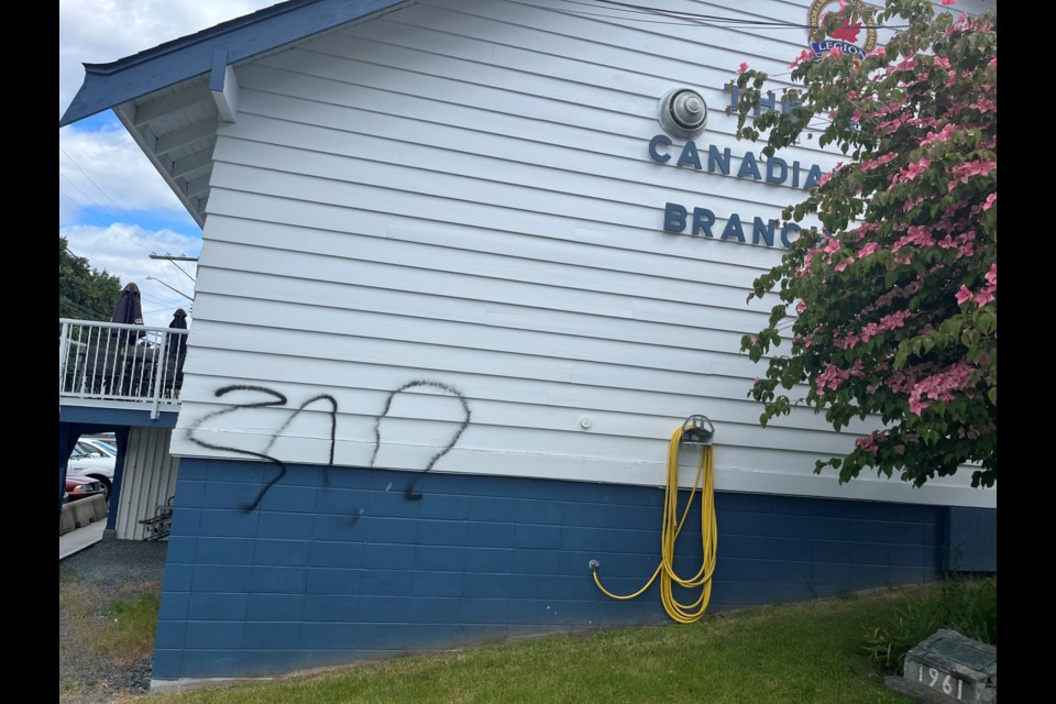 WESTVIEW GRAFFITI: Royal Canadian Legion Branch 164 - Powell River, located on 6811 Alexander Street, had black graffiti spray-painted on its building, Friday, June 7, between 4 and 8 pm.