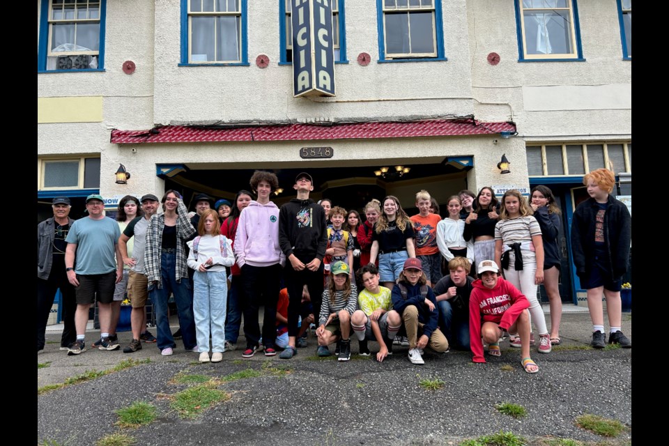 FILM WRAP: Youth film camp students, mentors and crew pose outside the Patricia Theatre, a collaboration between qathet Film Society and Powell River Digital Film School; the four-day camp had a free screening of student work, Friday, August 11, at the theatre.