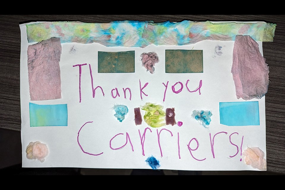 Thank you sign designed and decorated by nine-year-old Peak carrier Suriya Almeida.