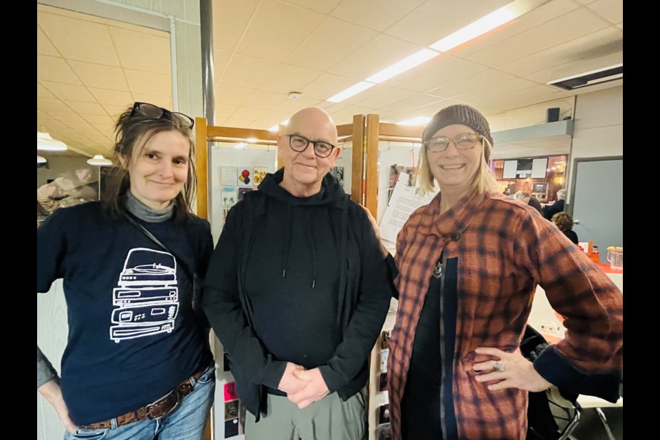 TRADING CARDS: [From left] Evelyn Russell, Harvey Chometsky and Karen Skadsheim (BK) organized the first artist trading cards event at Westview Bowling & Billiards on Thursday, January 25.