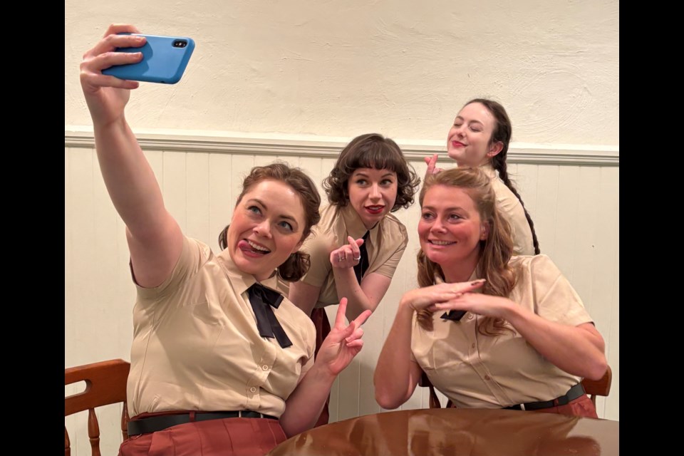 TYRANTS/TEENAGERS: Although the play H*itlers Tasters is set in 1940s Germany, the young women, played by actors [from left] Kelsey Roosenmaallen, Stephanie Zaleski, Christine Cook, and Kaela George [back], and still taking selfies.
