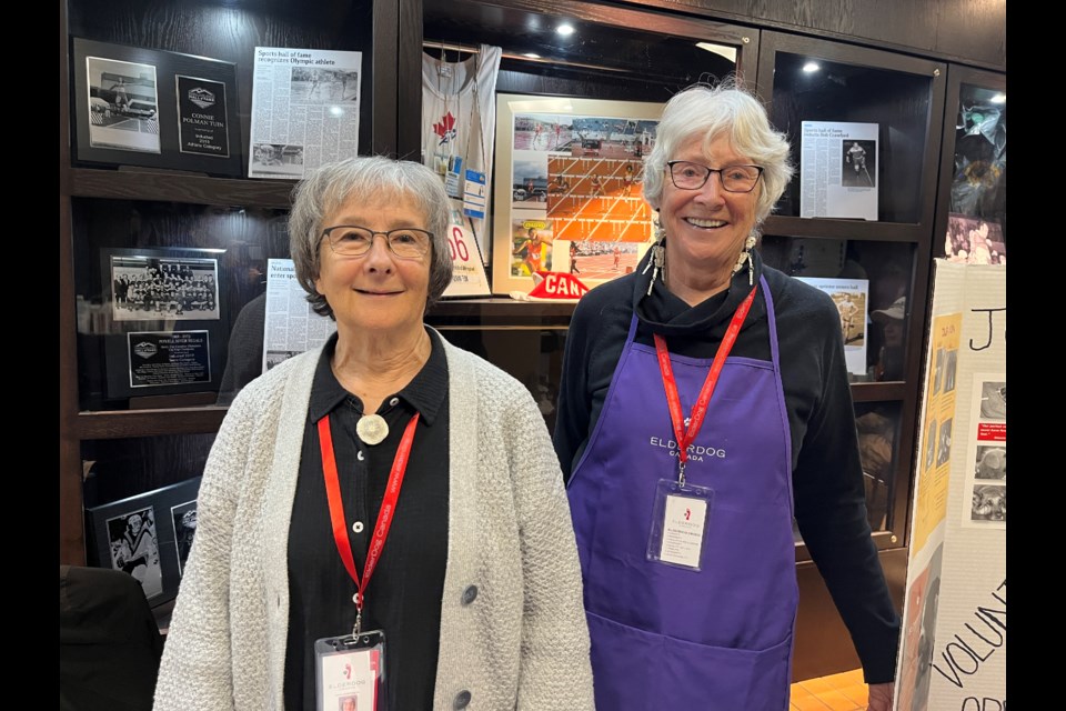 PAWDS SQUAD: Powell River chapter of ElderDog Canada volunteers Sidney Clare [left] and Joanne Doucet were at a recent health fair at Powell River Recreation Complex doing public outreach for the organization.
