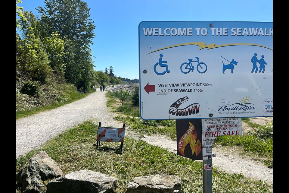 WINDING WALKWAY: Rain or shine people of every demographic use the seawalk that was built in 2002 and is maintained by City of Powell River. The pathway winds along the seashore and was hit by a storm in 2022. Since then, preliminary repairs have been made.