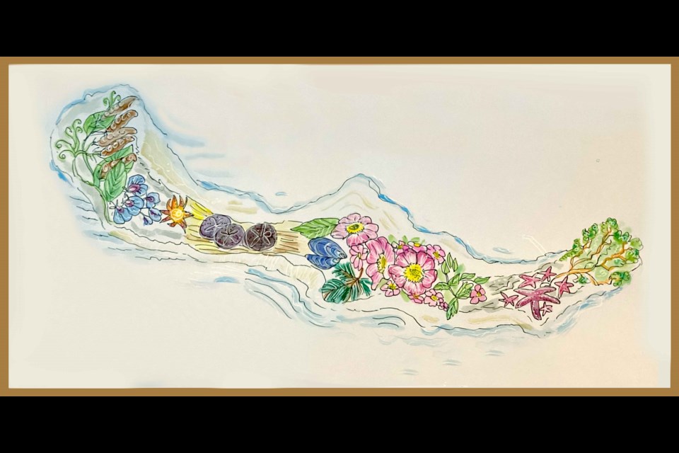 TOPICAL DRAWING: A topical map depicting Savary Island in watercolour pen and ink with playful nature scenes is artist  Sharilyn McCartie's newest work-in-progress.