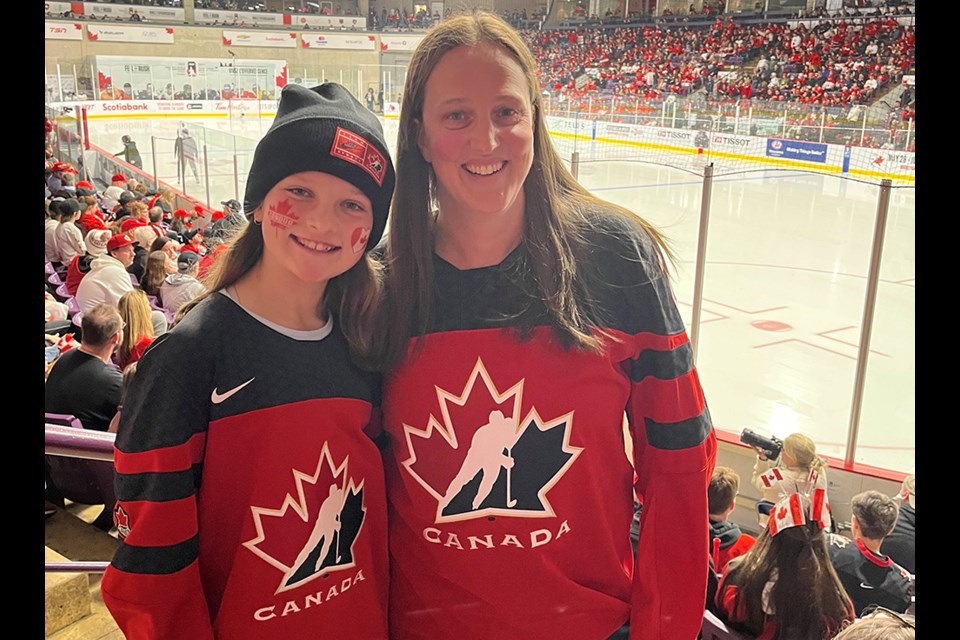 EXCITING GAME: At the 2023 International Ice Hockey Federation women’s world championship final, Julie Venselaar, with her 12-year-old daughter Willa, was able to take in the competition while being honoured for being named female coach of the year by Hockey Canada and BC Hockey.