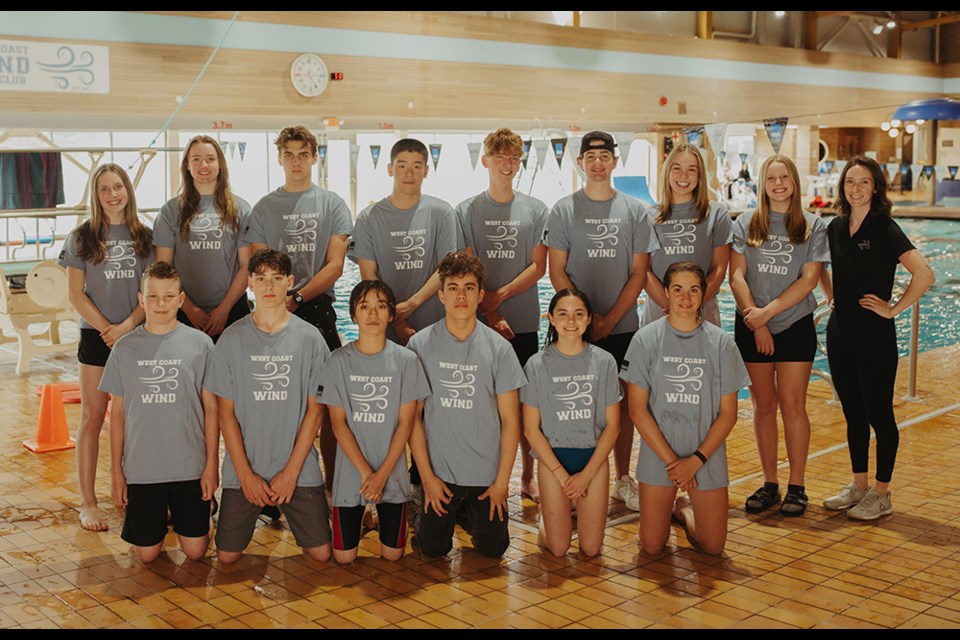 AVID COMPETITORS: West Coast Wind Swim Club has completed its competitive season. Team members, in the back row [from left] are: Madison Giesbrecht, Amy Mulder, AJ Mulder, Steven Wang, Reeve Morwood, Eli Hueston, Ayva Gunther, Hannah Giesbrecht and coach Marissa Schweitzer. Front row [from left] are: Gabe Mussellam, Russell O’Donnell, Shunsei Sternberg, Yoshun Sternberg, Saphire Mitchell and Kalissa Smith. Not all team members were present for the photo.