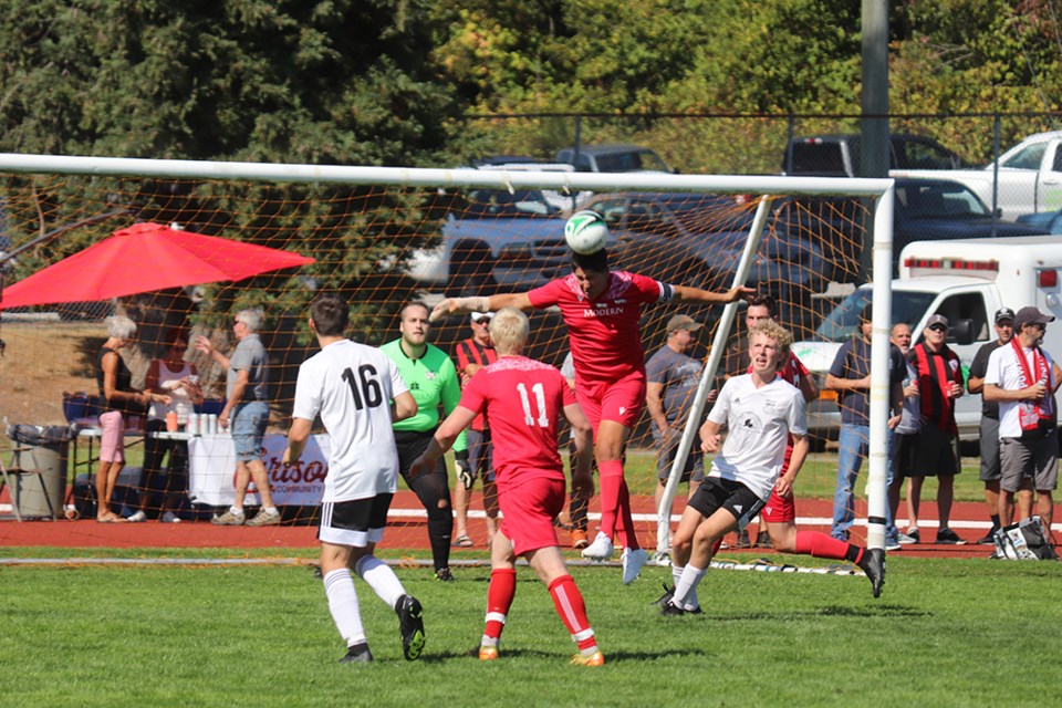 AIR TIME: Powell River Villa captain Joel Harry leaps to make a header in front of the Villa net during the team’s 2023/24 home opener against Comox Valley United on Saturday, September 9 at Timberlane Park. Villa lost the game 2-0.