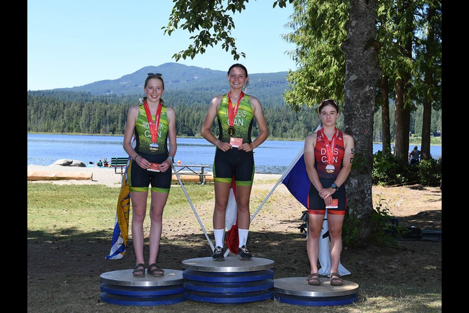 Nelle Liefsoens [centre] received a gold medal in duathlon at the BC Summer Games. She also competed in triathlons, and received two fourth place finishes.