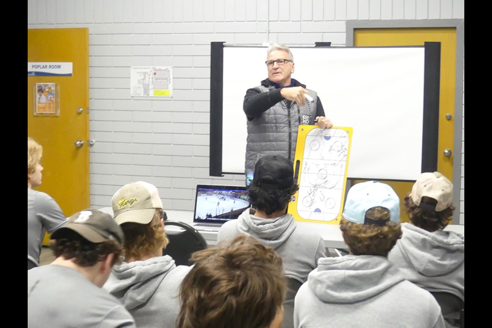 Powell River Kings’ head coach Glenn Anderson discusses tactics with a group of players.