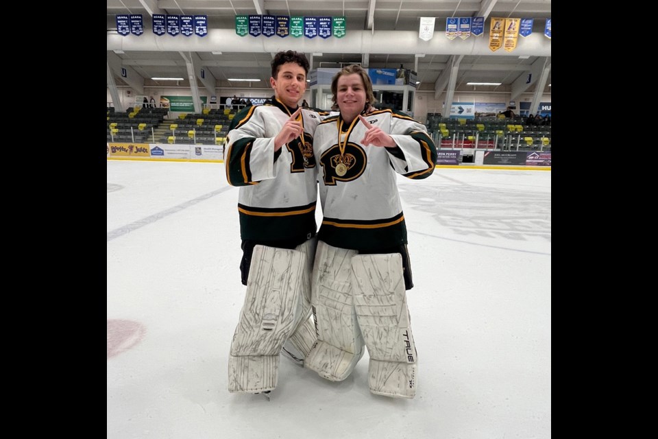 Powell River U18 Kings goaltenders Leo Brosseau [left] and Luke Dennis backstopped their team to a gold medal at the Coquitlam Gold Classic.