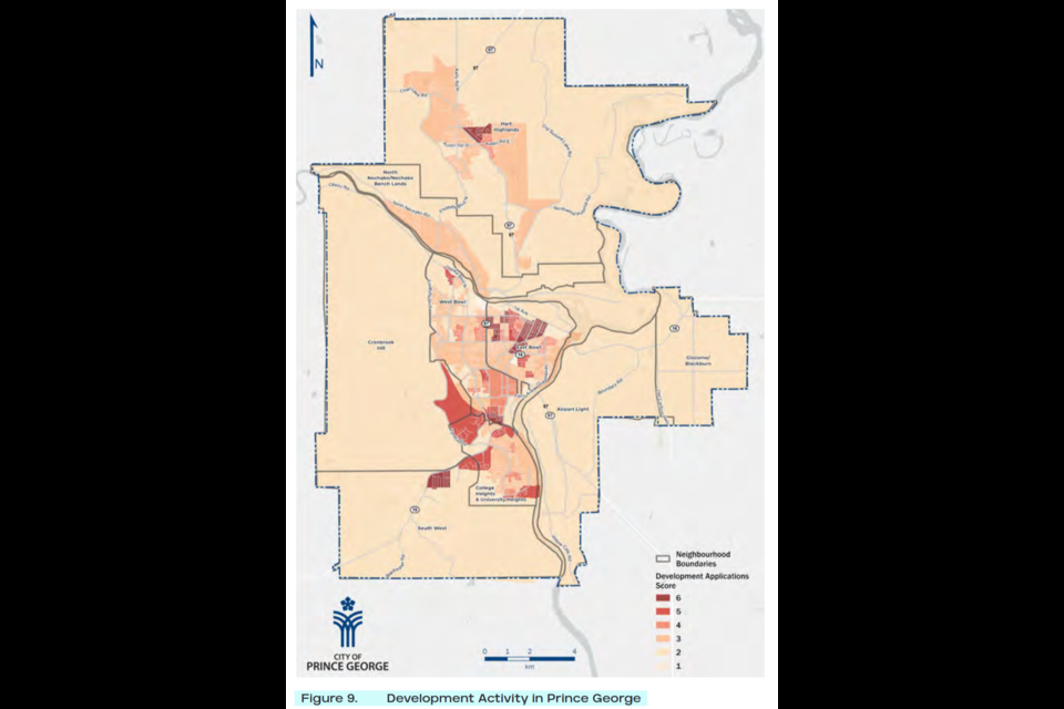 This map from the City of Prince George's new Complete Community Assessment shows how much development has taken place in various parts of the city. The darker the colour, the most development has taken place.