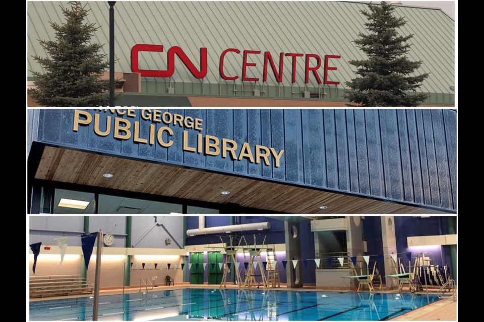 [From top to bottom] The CN Centre, Prince George Public Library and Prince George Aquatic Centre are all moving to a holiday schedule for the end of 2020.