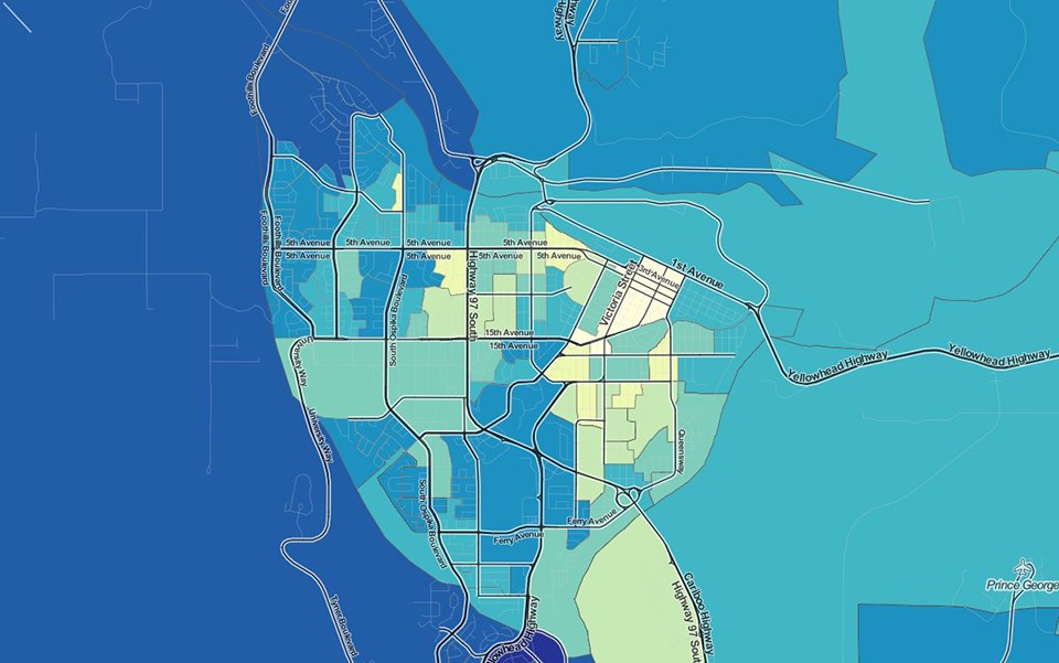 The census mapper is a free online tool. This one shows the median incomes in Prince George. (via Census Mapper)