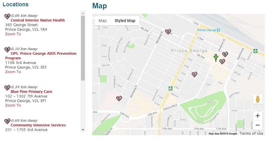 The B.C. Centre for Disease Control's harm reduction website provides locations based on postal code for community members to pick up Naloxone kits. (via towardtheheart.com)