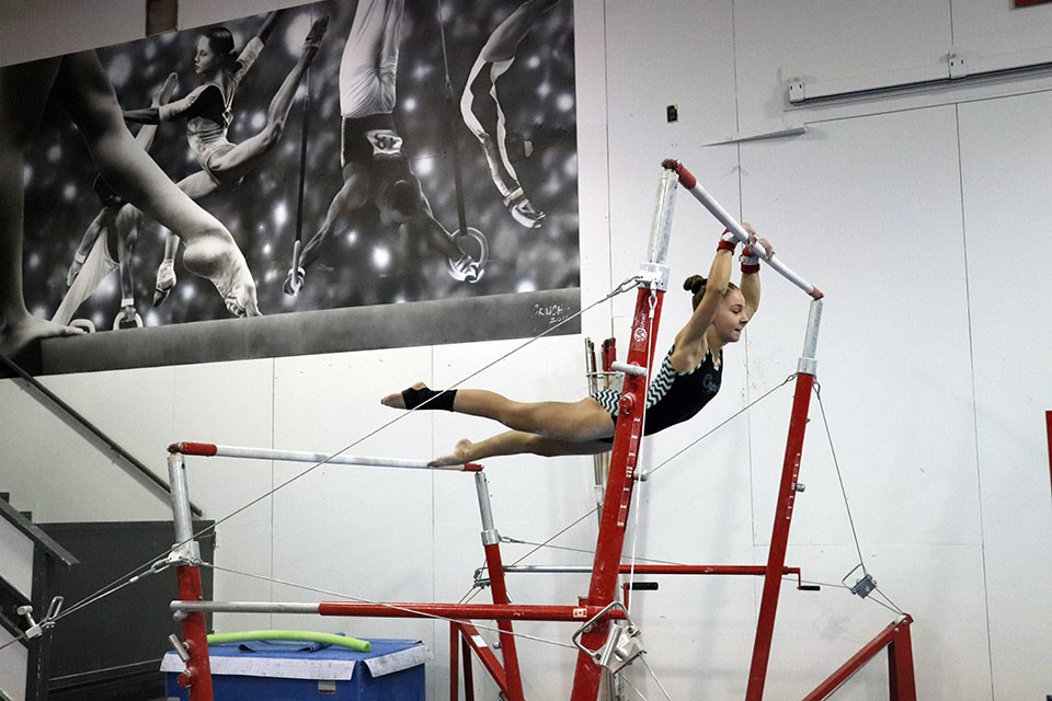 Kaydence Bellerive practices on the uneven bars at the Prince George Gymnastics Club for the 2020 B.C. Winter Games (via Kyle Balzer)