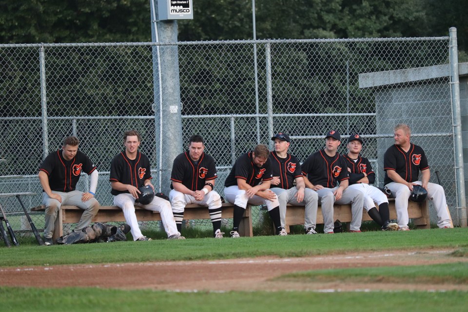 The JRJ Construction Orioles in action against the Queensway Auto World Mariners in the 2019 Prince George Senior Baseball final (via Kyle Balzer)