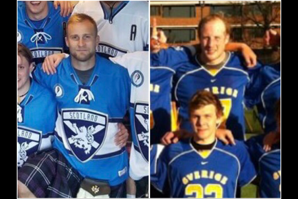 Prince George lacrosse players Cole Paciejewski (left) for Scotland and Leif Paulson (back row) for Sweden (via Scotland Lacrosse/Leif Paulson/Kyle Balzer)