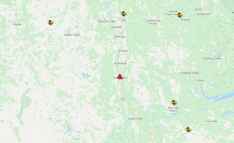 Highway 97 closed in both directions south of Quesnel on Jan. 23, 2020 (via Drive BC/Google Maps)