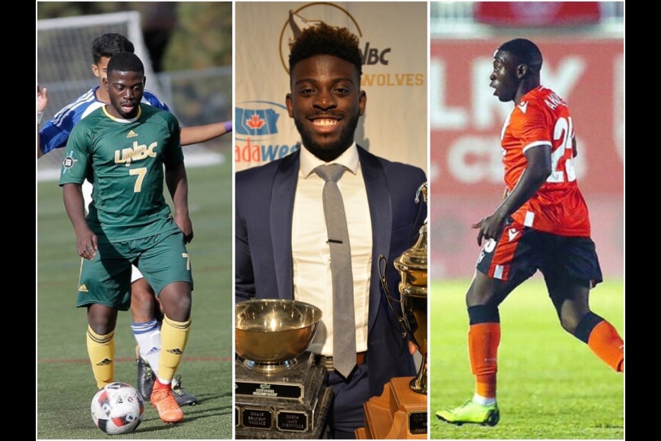 Tofa Fakunle's UNBC career propelled him to be one of the best the Prince George school had ever seen, including a debut with Cavalry FC in the Canadian Premier League (right).