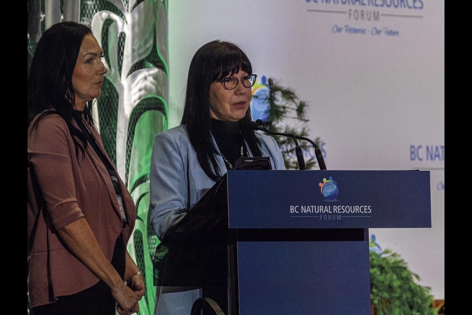 Lheidli T'enneh Chief Dolleen Logan accompanied by Councillor Crystal Gibbs speaks to the 22nd Annual BC Natural Resource Forum at the Civic Centre Tuesday.