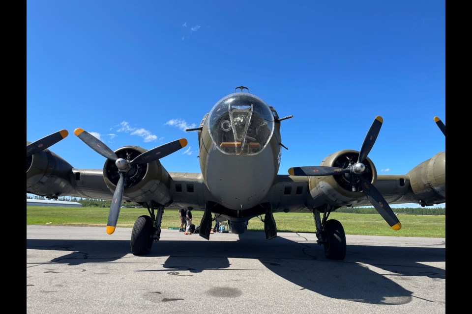 A B-17 Flying Fortress lands at the Prince George International Airport on Thursday, Aug., 2, 2024. It was on its way to Vanderhoof for the Masters of the Air exhibition.