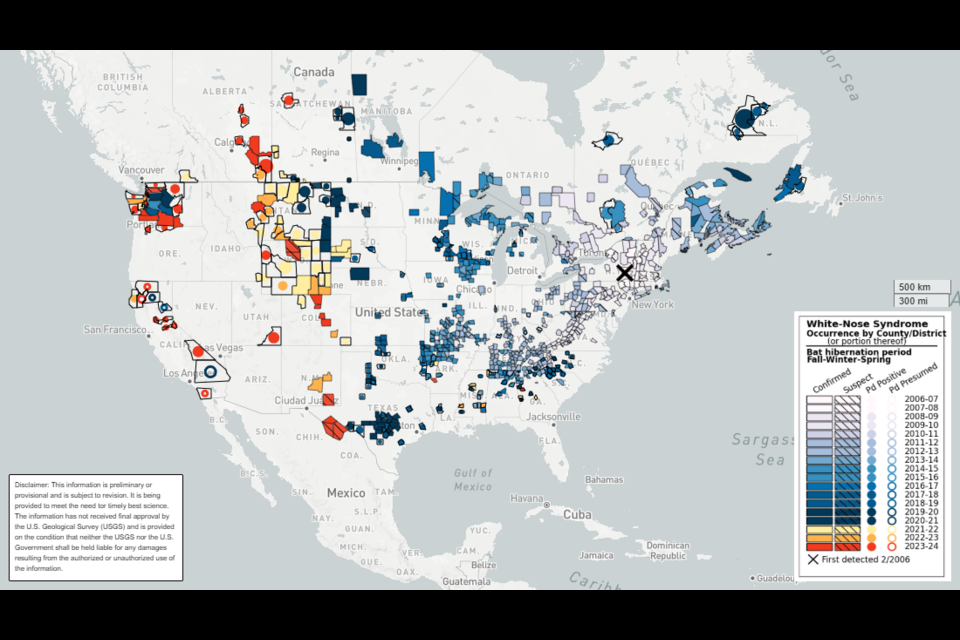 This map shows where bats have been detected with white nose syndrome.