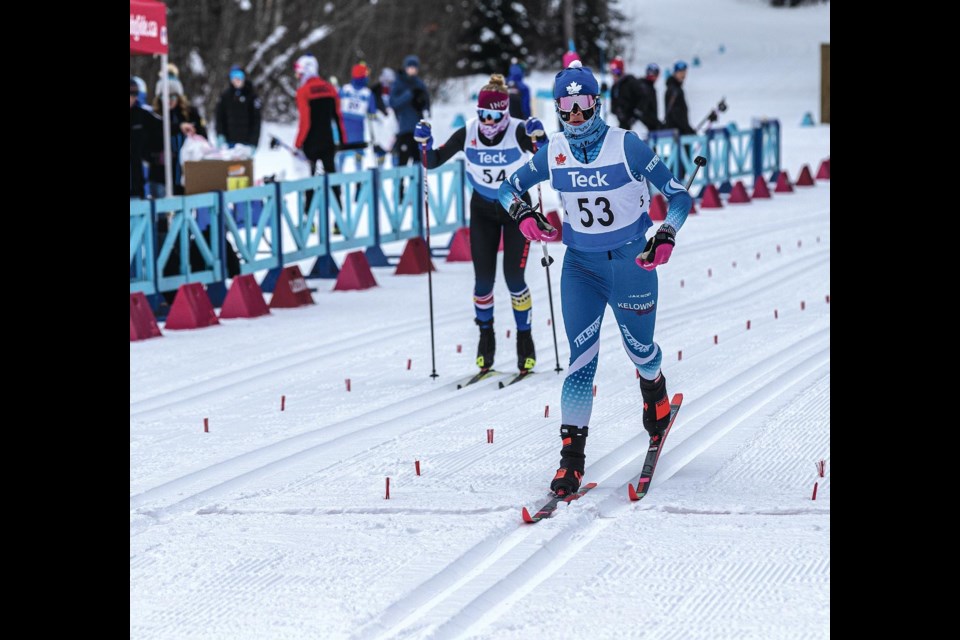 Kiara Pighin of Telemark Nordic crosses the line to finish the Women's U18 2 x 5Km Mass Start race in a time of 32:25.9, just ahead of Nadia Wallin of the Williams Lake Ski Club Saturday Feb 15 at Otway Nordic Centre.