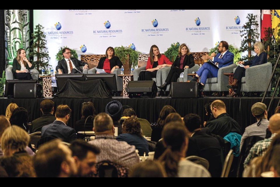 A panel of six ministers answers questions at the BC Resource Ministers' Breakfast MC'd by Collen Giroux-Schmidt, Innergex Renewable Energy VP corporate relations and environment, at the Prince George Civic Centre Thursday, Jan. 16, 2025.