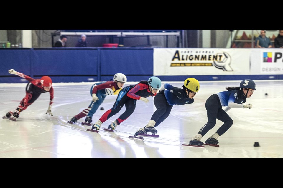 PoCo's Alexa Lim leads teammate Alessa Laut and the rest of the field in the Youth Female 800m Final event Sunday, March 9 at the BC Short Track Championships held at Kin 1 over the weekend.