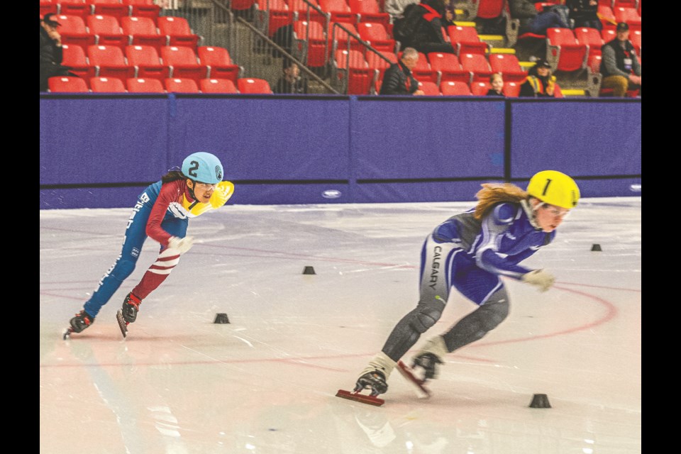 Prince George Blizzard skater Pareesa Jones trails Julianne Lazzari in her 500m bottom final race Saturday at Kin 1.