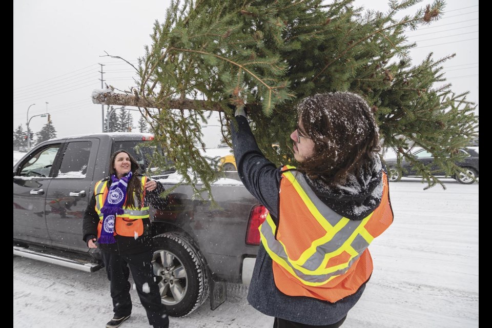 Job's Daughters volunteer Hunter Kole and Bethel 26 Guardian Laura Weller unload a tree from a pickup truck  and carry it to the wood chipper Saturday as the annual Christmas tree recycling gets underway in the CN Centre parking lot.