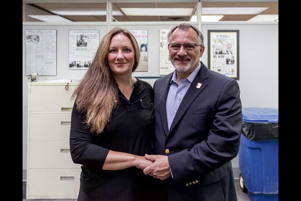 Terresa Randall-Stolz and Cameron Stolz, owners of The Prince George Citizen, share an update on the paper's successes at the Citizen office on Thursday, July 25, 2024.