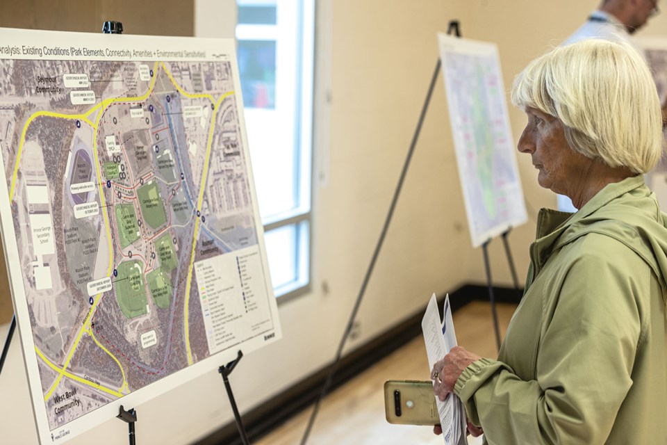 Long time bowl area resident Chris Axelson examines a board depicting the present use of Carrie Jane Gray Park at an open house to discuss future uses of the park, held at the Prince George Family YMCA from 6-8 pm Wednesday. 