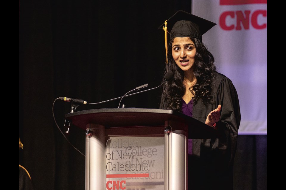 Associate of Arts Program graduate Anuroop Kaur talks about her experiences at the College of New Caledonia at Thursday's convocation ceremony held at CN Centre.
