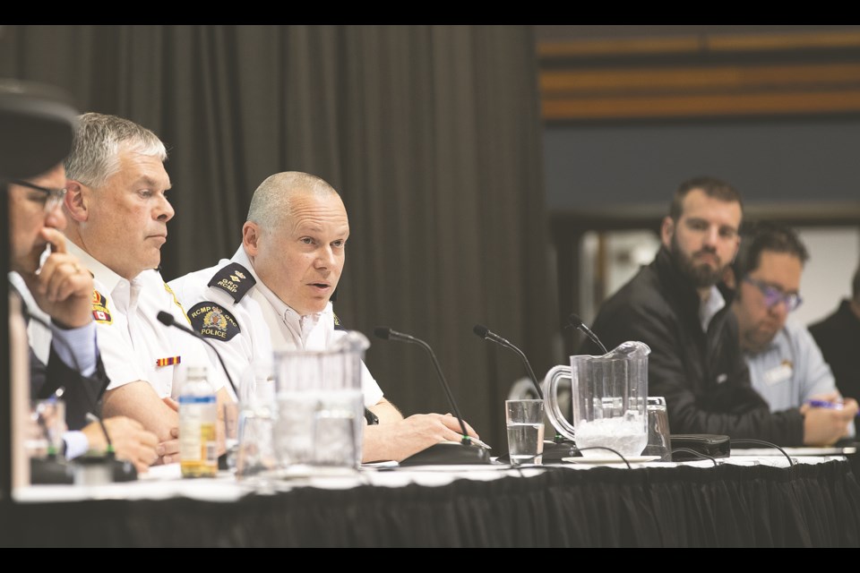 RCMP Supt. Shaun Wright  answers questions from the audience at the Community Safety Town Hall held at the Prince George Conference and Civic Centre Tuesday, May 28, 2024.