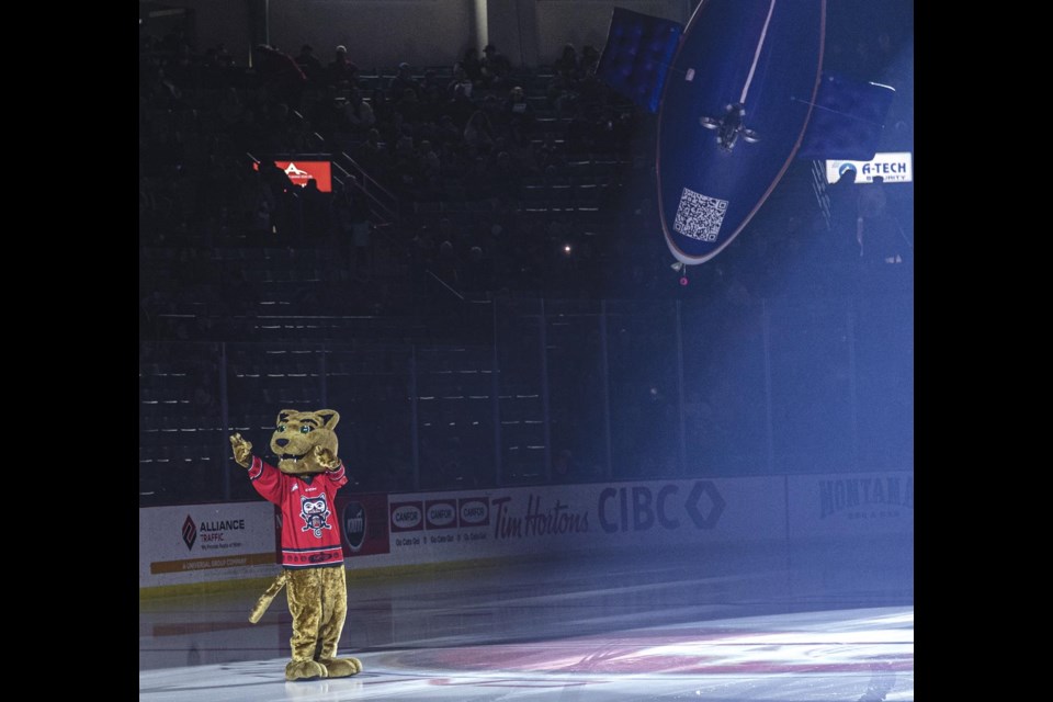 Rowdy Cat greets the fans to the game of the Indigenous Weekend at CN Centre Friday, Jan. 24, 2025.