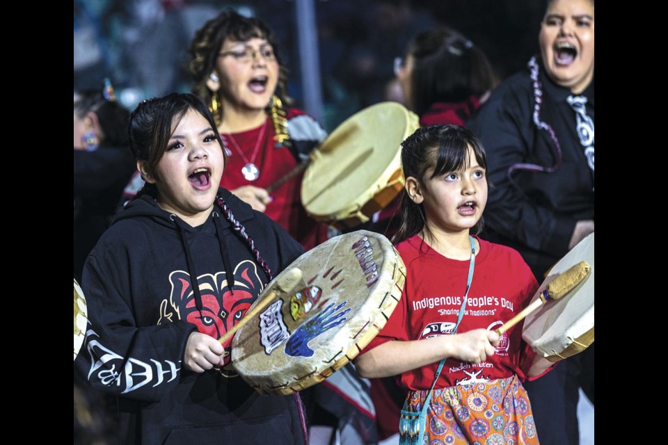 The Nadleh Whut'en and Stellat'en North West Traditional Performers, with drummers and singers of all ages, brought the crowd to their feet with the show in the second intermission on Friday, Jan. 24, 2025 at the CN Centre in Prince George, BC.