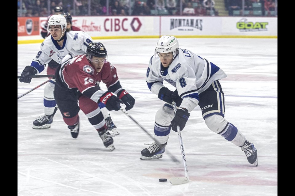 Cougars defenseman Corbin Vaughan tries to stop Royals forward Brandon Lisowsky from letting loose a shot Friday March 21, 2025 at CN Centre.