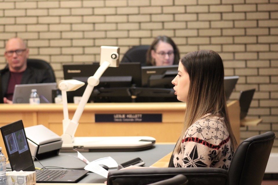 Sam Broadfoot outlines her objections to a proposed development at 880 Guay Rd.during a city council meeting on the second floor of Prince George city hall on Monday, Feb. 3, 2025.