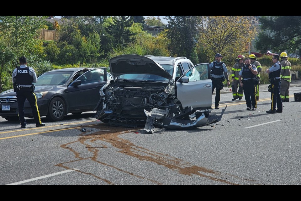 RCMP investigate after a five-vehicle collision on Victoria Street near 17th Avenue on Friday, Sept. 27, 2024 in Prince George, BC. There were no injuries reported.