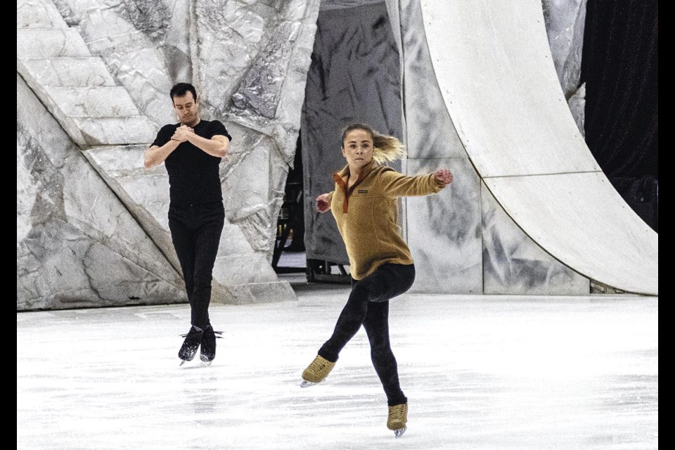 Figure skater Sophie Brandeborn rehearses a spin as Brandon Mroz also rotates around behind her prior to the opening of Cirque du Soleil's Crystal at CN Centre on Thursday, March 6, 2025 in Prince George, BC.