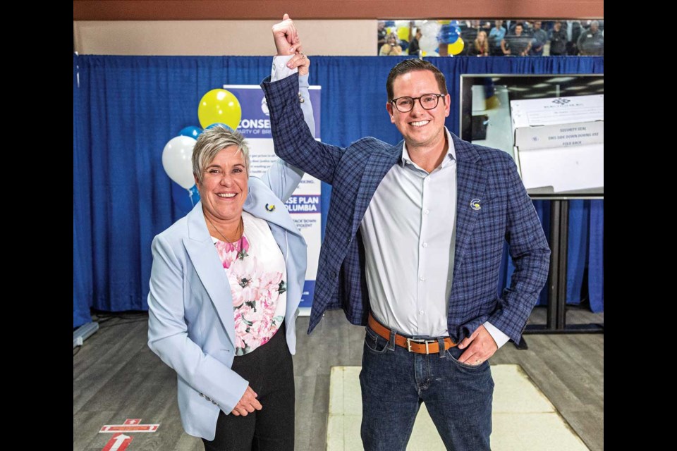 Newly elected Conservative MLAs Rosalyn Byrd, Prince George-Valemount and Kiel Giddens, Prince George-Mackenzie, celebrate their victories with party supporters at their election celebration in Prince George Saturday evening.
