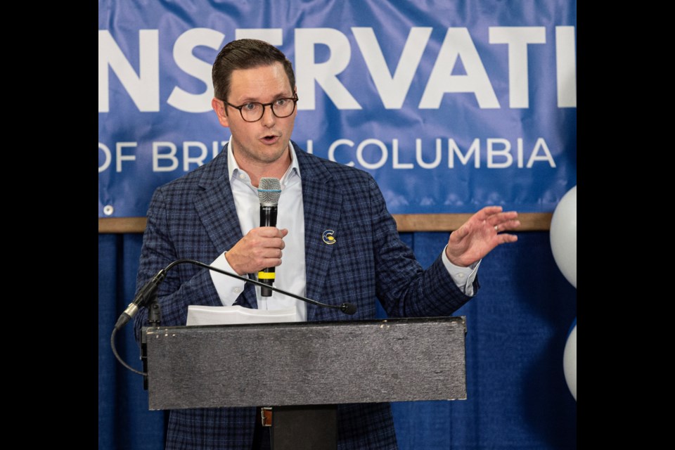 Kiel Giddens speaks to supporters after being declared the winner in Prince George-Mackenzie on Saturday, Oct. 19, 2024 at the Conservative Party of BC campaign office in Prince George, BC.