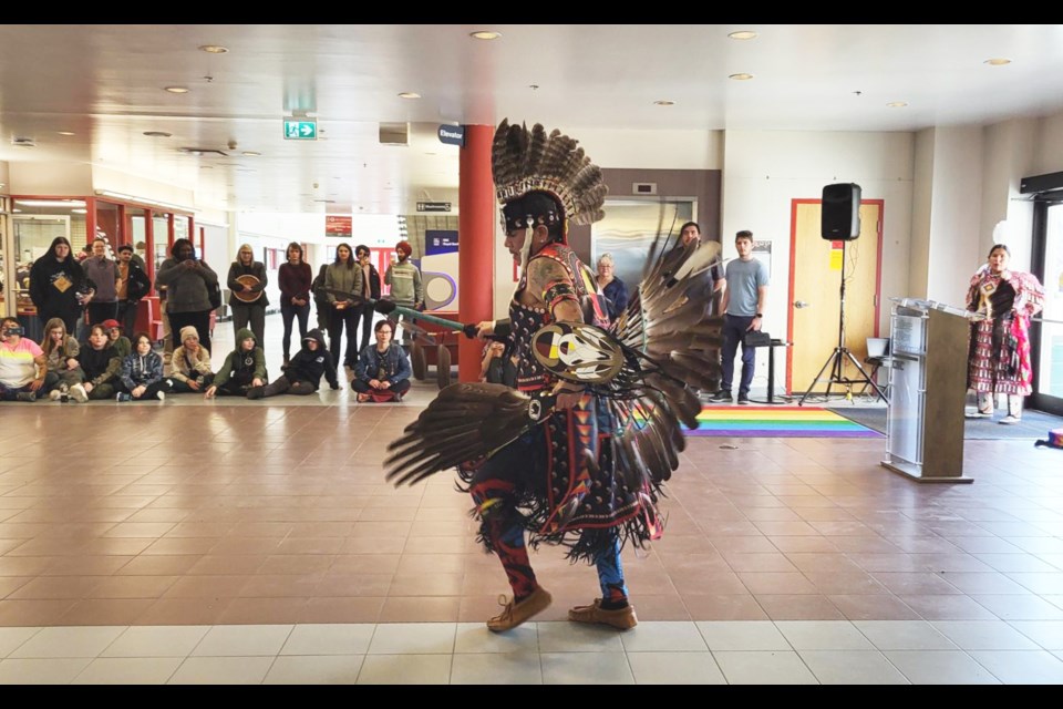 Michael Antoine, Saik'us First Nation, showcased his traditional dancing skills during CNC's Aboriginal History Week as people came together at the Gathering Place during lunchtime on Tuesday, March 11, 2025.