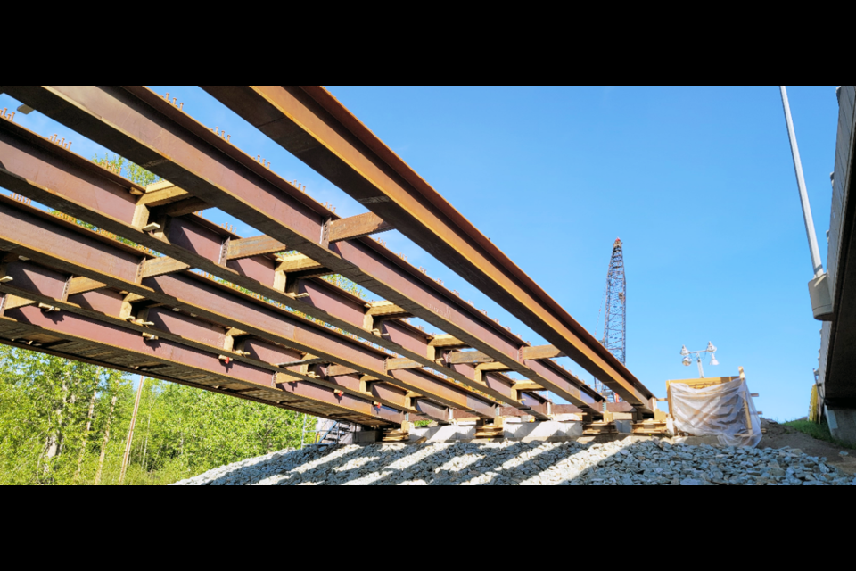 This shows the steel support beams of the Simon Fraser Bridge that were in place on May 12 before bridge deck panels that were installed. The $20.5 million project to repair the bridge is expected to be complete sometime this fall.