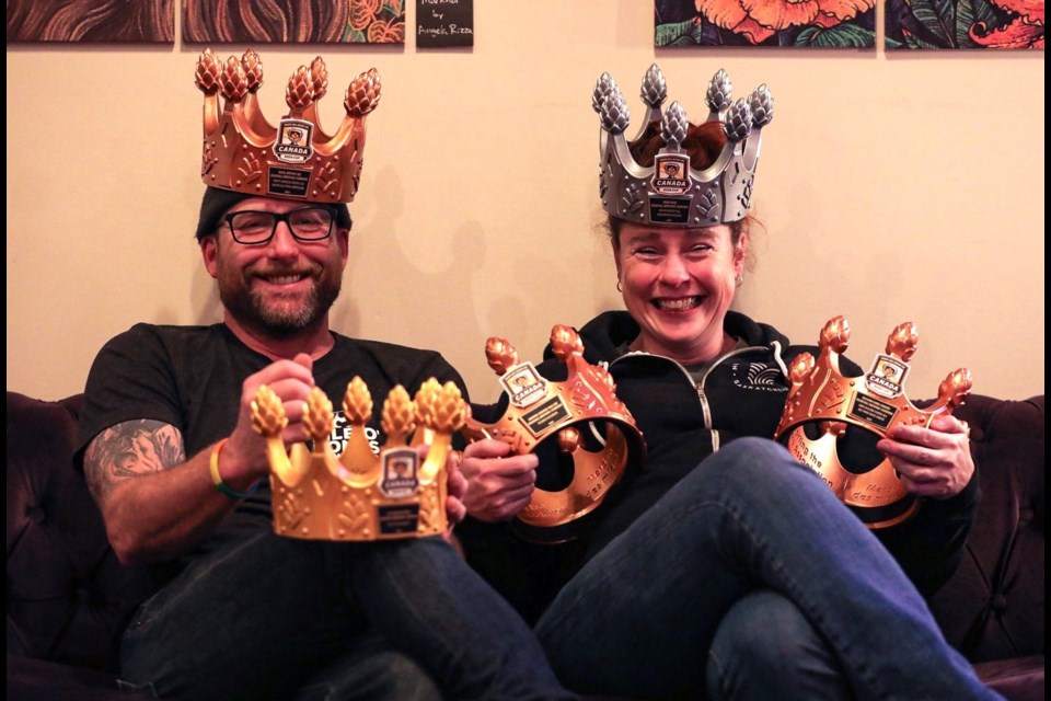 Brandon and Erin Baerwald are two of the owners of Deadfall Brewing Company in Prince George embracing their crowns they won during the Canada Beer Cup championships for craft breweries.